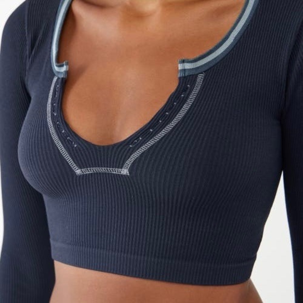 Out From Under Urban Outfitters Ribbed Long Sleeve Crop Top Navy Blue XS/S